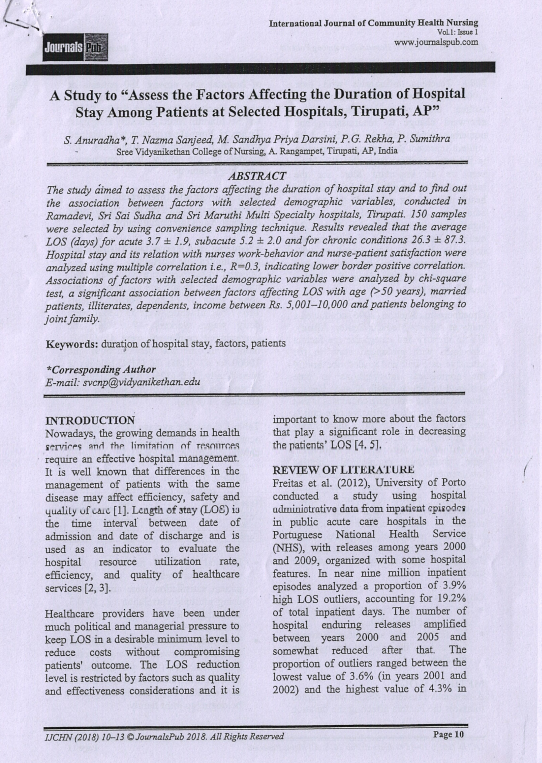 A Study to Assess "The Factors Affecting the Duration of Hospital Stay Among Patients at Selected  Hospitals, Tirupati, AP"